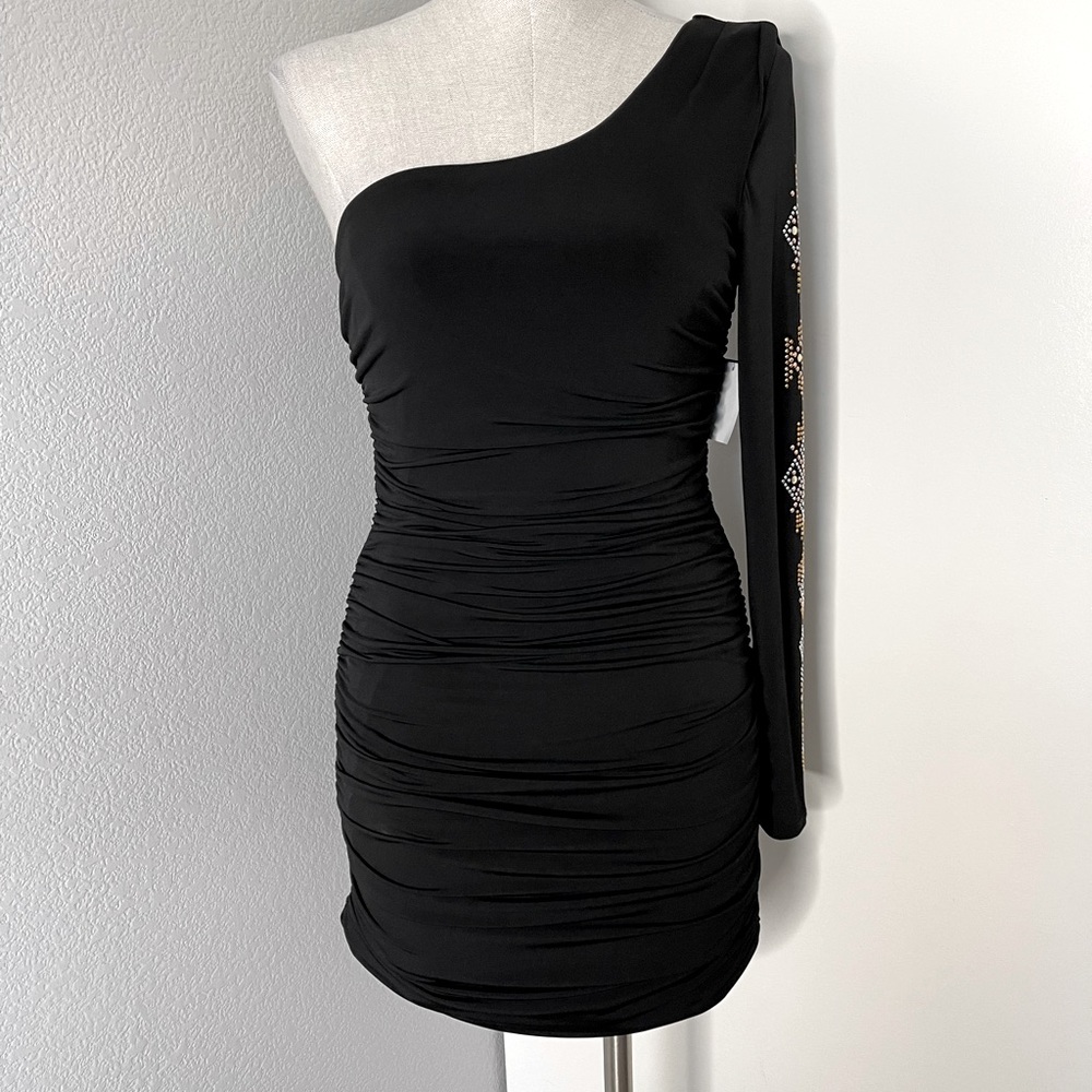 One shoulder long sleeve Ruched Bodycon Dress